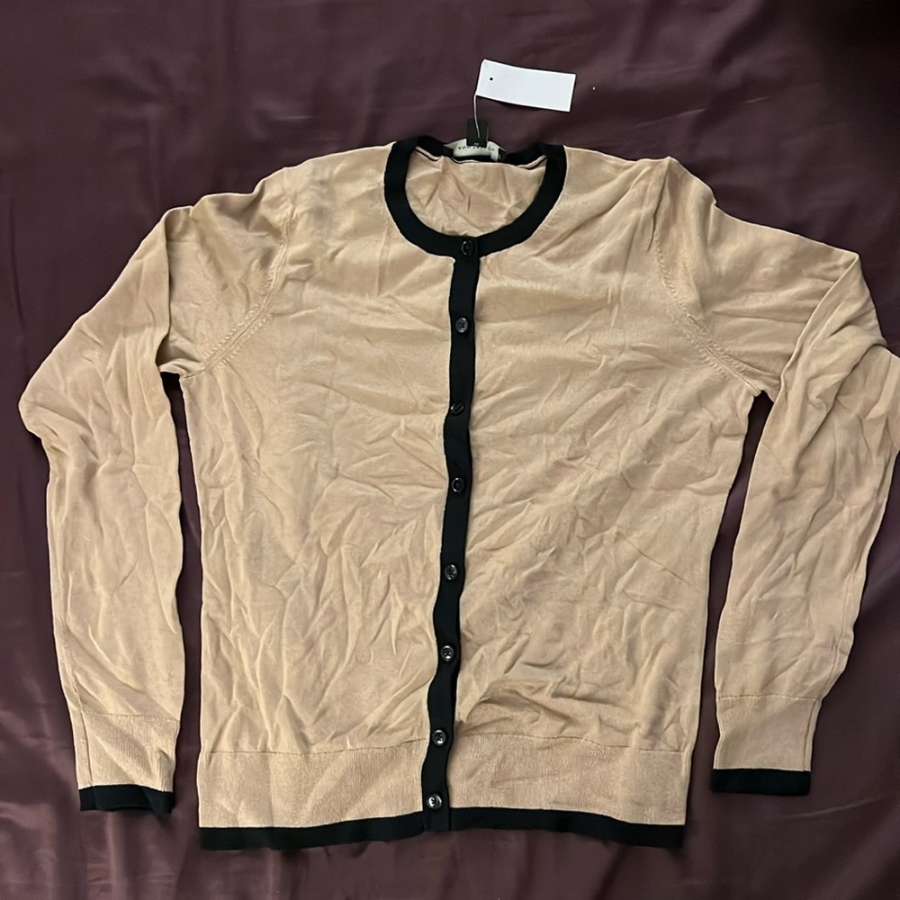 NWT Ann Taylor Small Cardigan tan with black trim